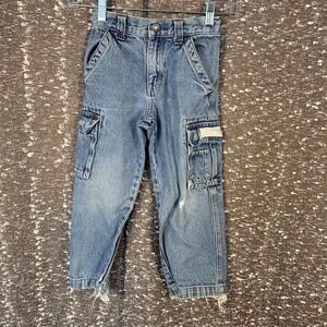 Vtg Y2K Lee Jeans Distressed Denim Cargo Pants Adjustable Waist Youth Boy's 5R